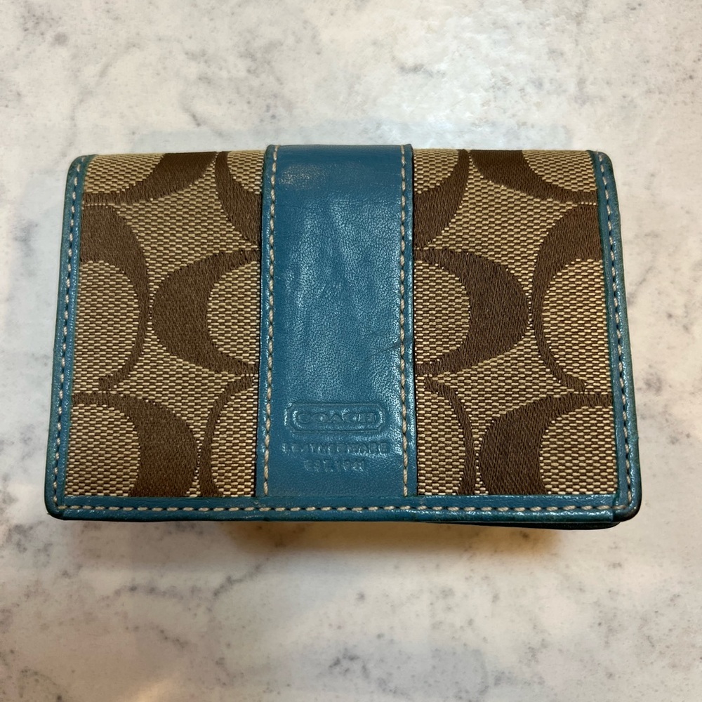 Coach Brown and Blue Wallet with Circular Pattern